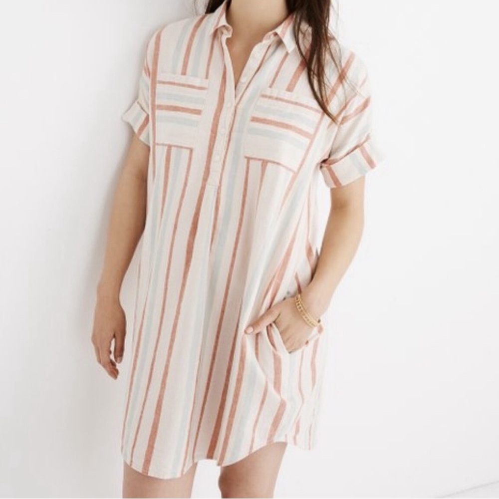 Madewell Courier Stripe Linen & Cotton Popover Dress - Size XXS